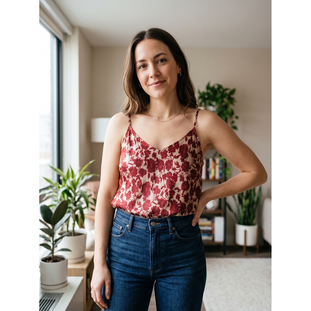 Garnet Hill Floral Camisole Women 14 Red Beige Satin V-Neck Adjustable Top